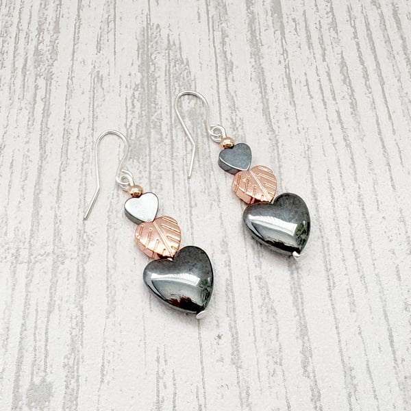 Hematite Heart Earrings, Hypoallergenic Surgical Steel, Dangly Crystal Earrings
