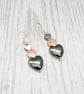 Hematite Heart Earrings, Hypoallergenic Surgical Steel, Dangly Crystal Earrings