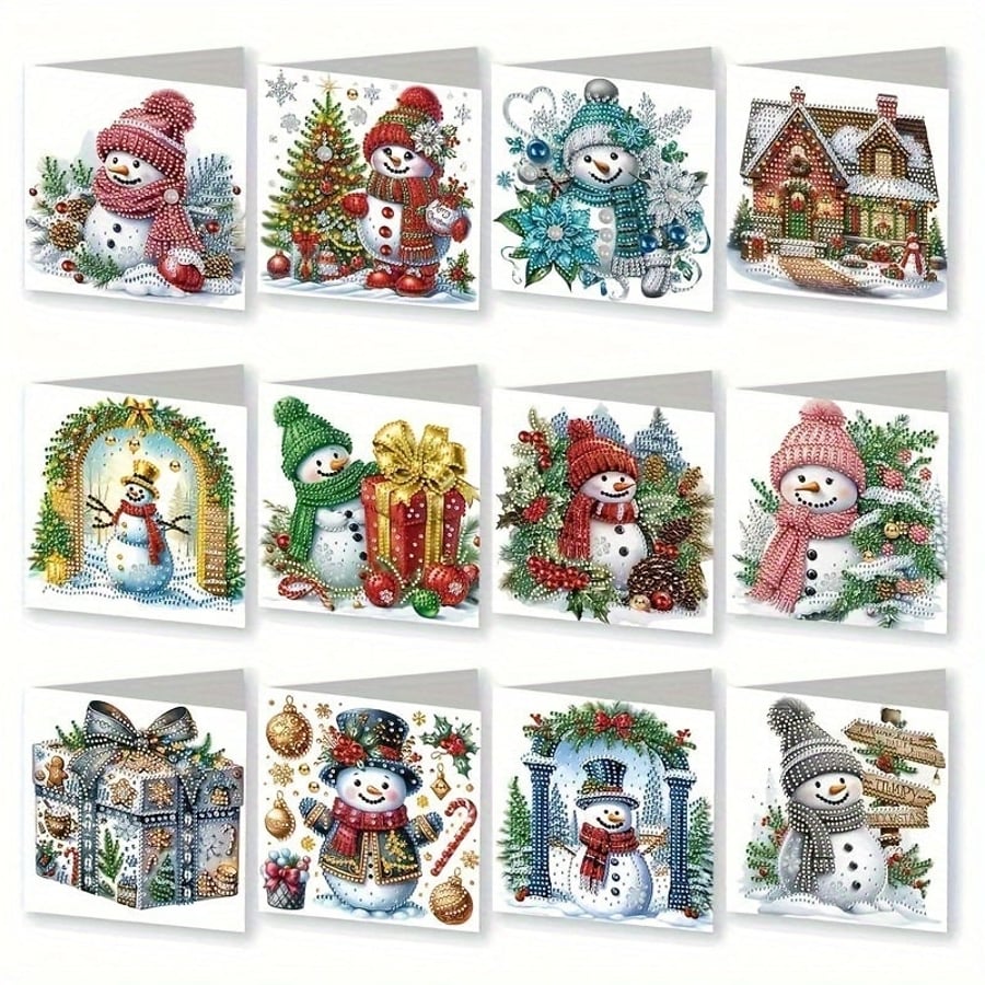 12pcs 5D DIY Diamond Painting Kit Snowman Christmas Card Kits For Adults - Diamo