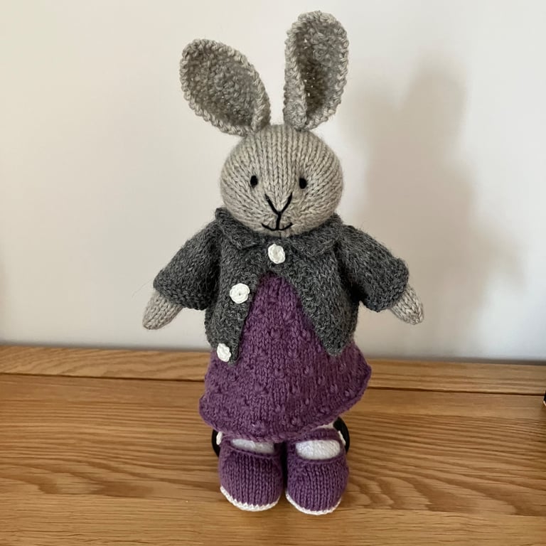Hand Knitted Rabbit in Purple Textured Dress