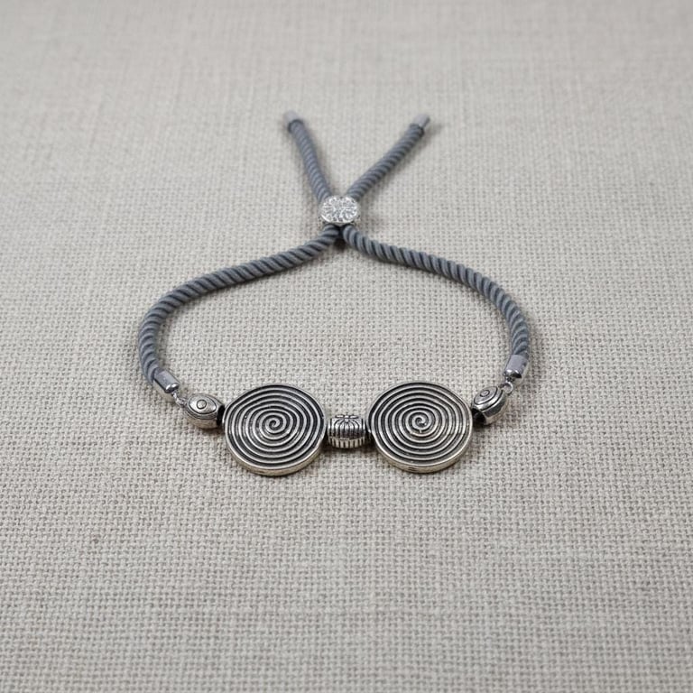 Celtic Spiral Disc Bracelet Adjustable Grey Cord Antique Silver Unisex Handmade 