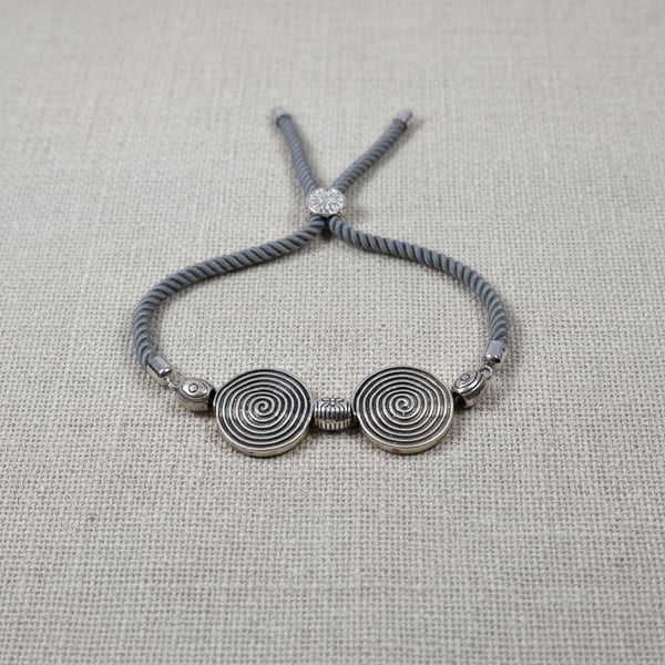 Celtic Spiral Disc Bracelet Adjustable Grey Cord Antique Silver Unisex Handmade 