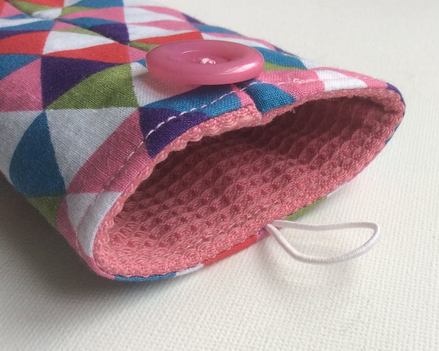 Glasses case, sunglasses case, mosaic triangles, pink lining
