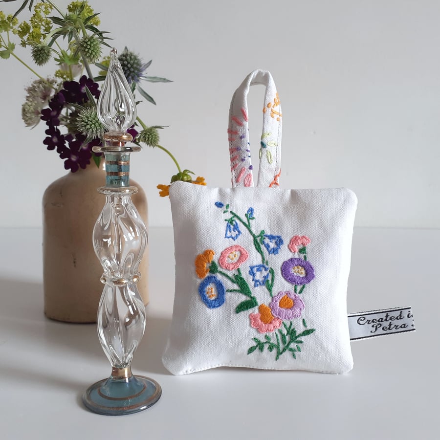 Lavender sachet or bag upcycled from a floral vintage embroidery 