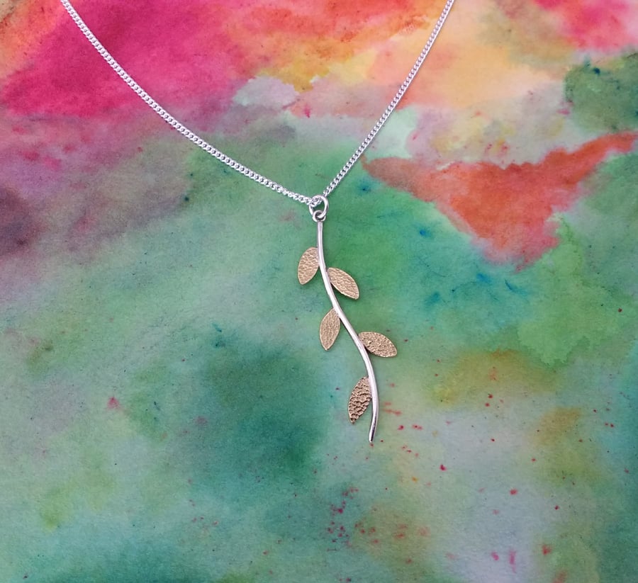 Branch Pendant, Silver Stem and Brass Leaves, Sterling Silver Chain