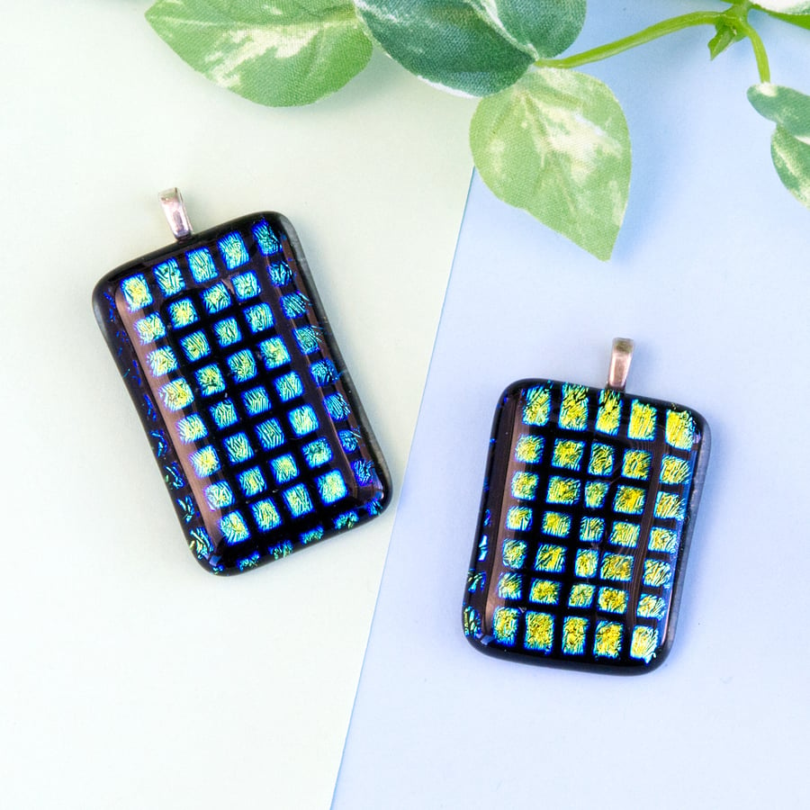 Large Square Patterned Dichroic Fused Glass Pendant