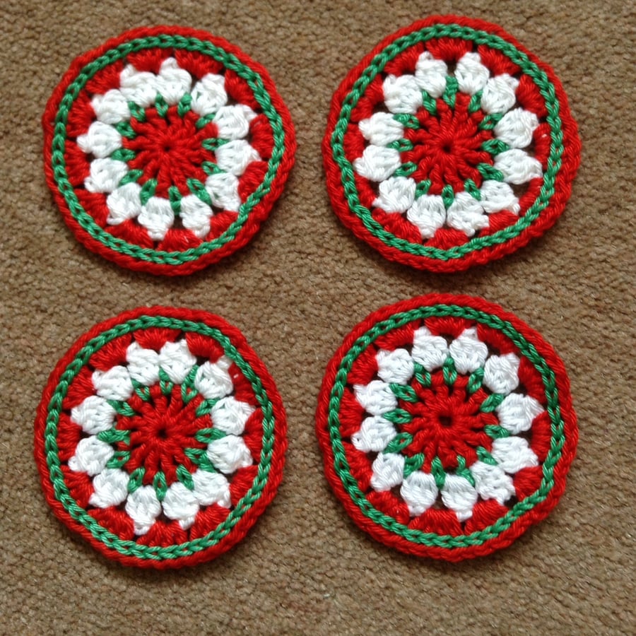 Crochet Christmas Mandala Style Coaster in Red,Green and White
