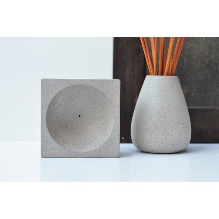 Grey Concrete Incense Burner Set: Handmade Brutalist Cement Joss Stick Holder an