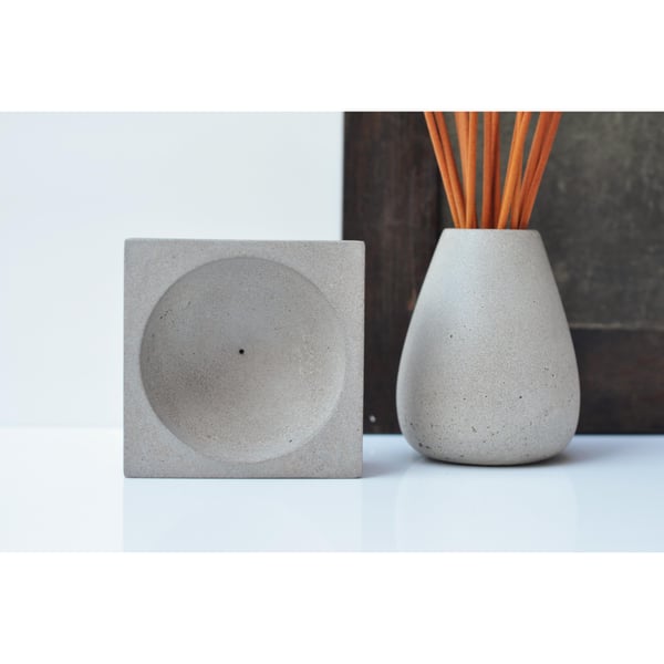Grey Concrete Incense Burner Set: Handmade Brutalist Cement Joss Stick Holder an