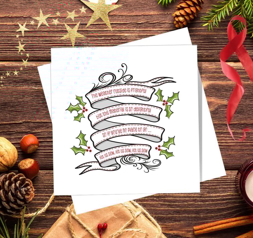 Let Us Sew Christmas Card - Tailor, Sewing, Dressmaker, blank inside,