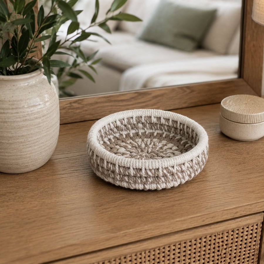 Handmade Coiled Macramé Basket - Neutral Taupe & Off White Basket