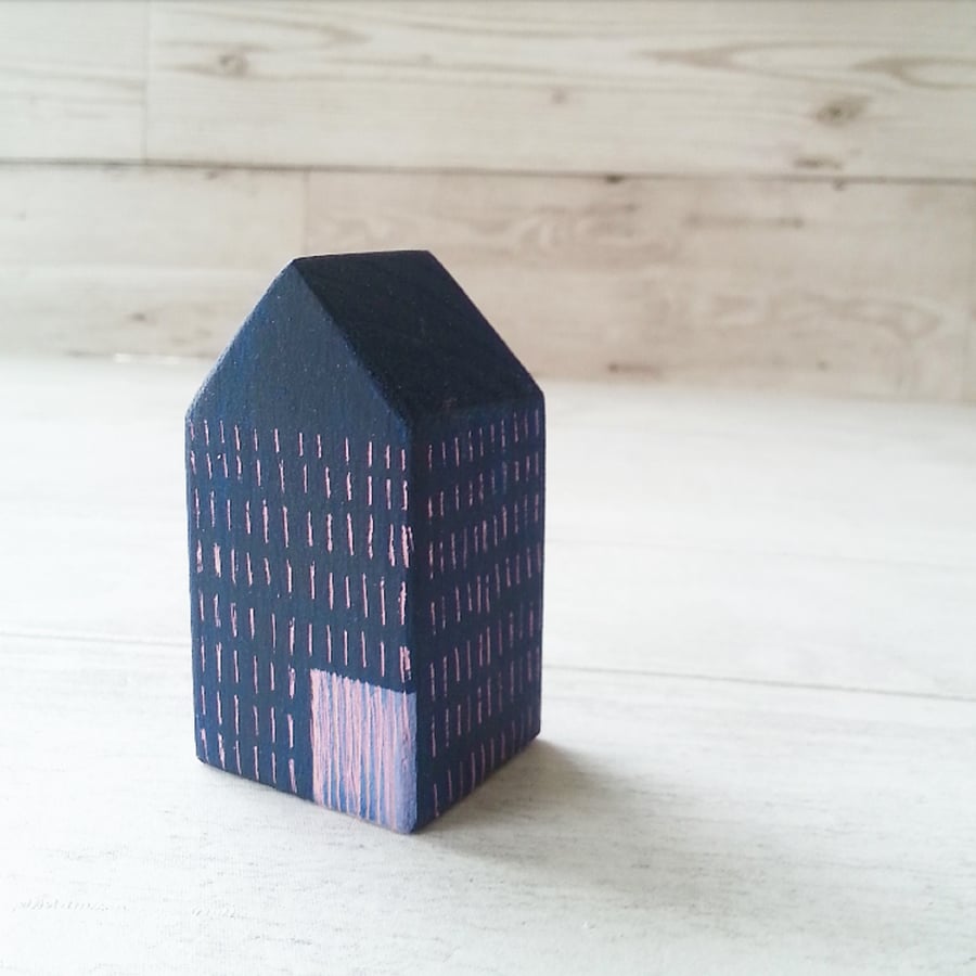 Miniature Wooden House, Little Blue House, Sgraffito House