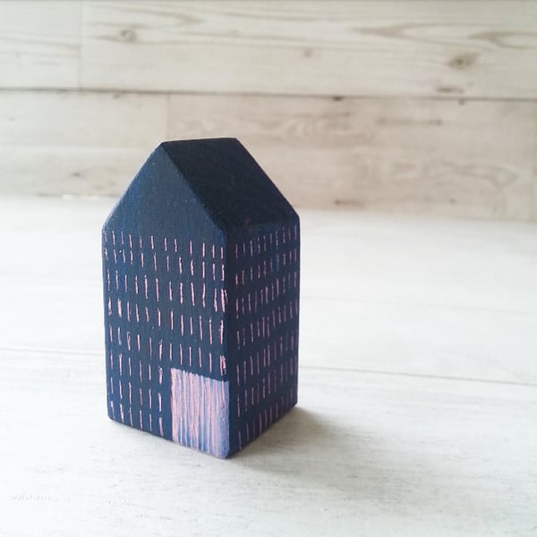 Miniature Wooden House, Little Blue House, Sgraffito House