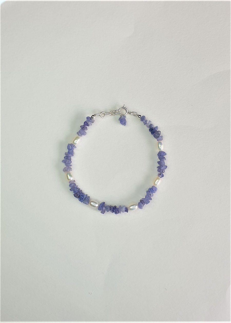 Pearl and Precious Tanzanite Trendy Statement Bracelet with Sterling Silver