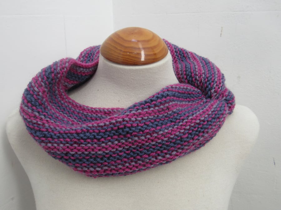 Cherry Pink Purple Striped Knit Pure Wool Cowl Scarf