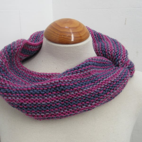 Cherry Pink Purple Striped Knit Pure Wool Cowl Scarf