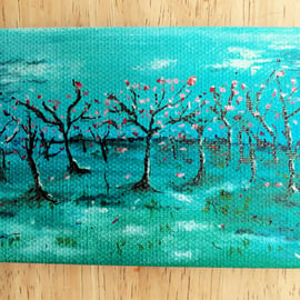 Original Mini Painting on Canvas,Cherry Orchard with Blossom 5" x 3"