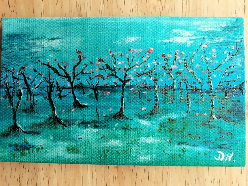 Original Mini Painting on Canvas,Cherry Orchard with Blossom 5" x 3"