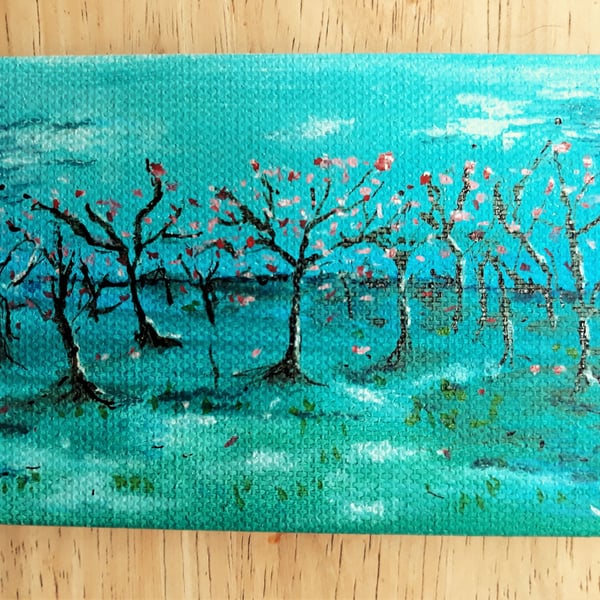 Original Mini Painting on Canvas,Cherry Orchard with Blossom 5" x 3"