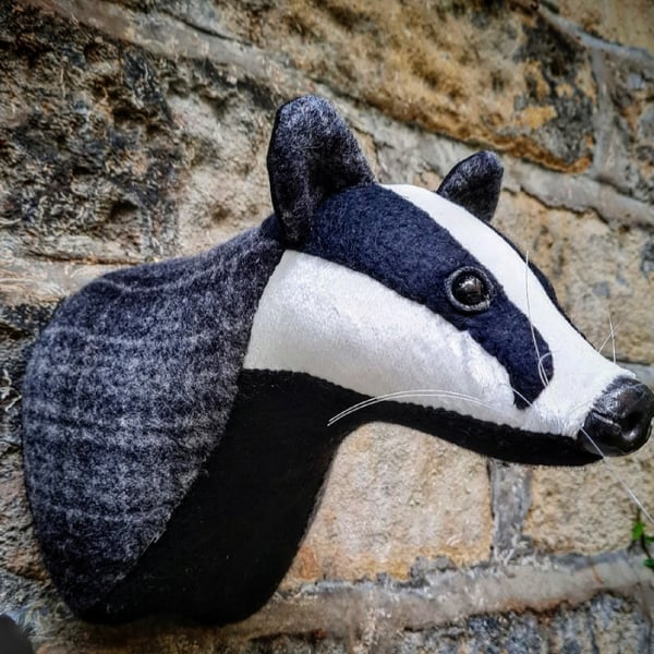 Faux badger wall mount in black, white and checked tweed- Bradley