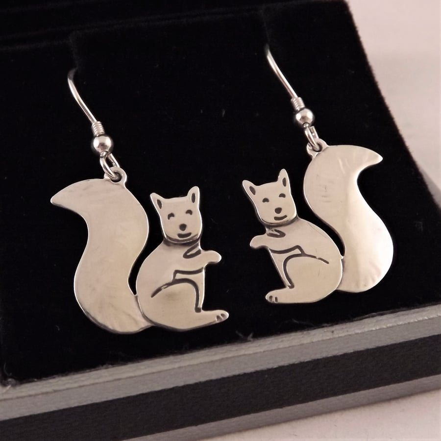 Squirrel Drop Earrings, Silver Wildlife Jewellery, Handmade Animal Gift for Her