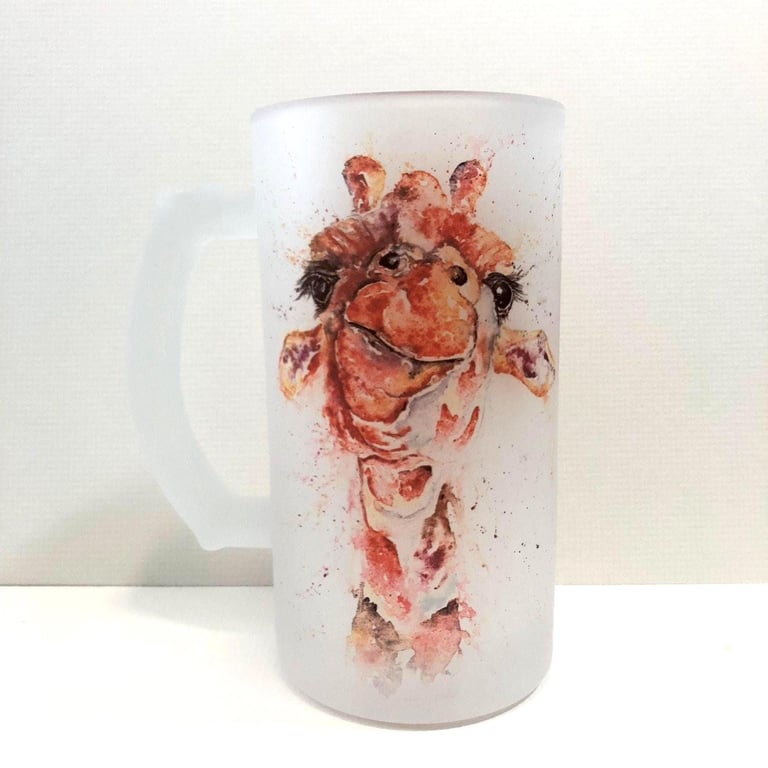 Gerald Giraffe Frosted Glass Tankard, Beer Stein, 500ml Drinks Glass with Handle