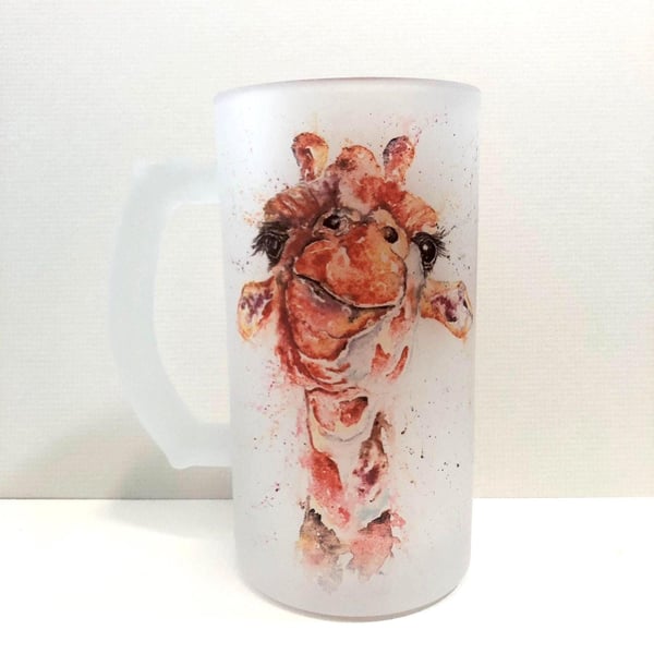 Gerald Giraffe Frosted Glass Tankard, Beer Stein, 500ml Drinks Glass with Handle