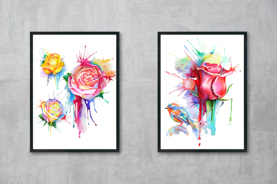 Watercolour roses wall prints, Abstract watercolour roses wall art