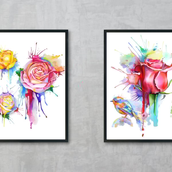 Watercolour roses wall prints, Abstract watercolour roses wall art
