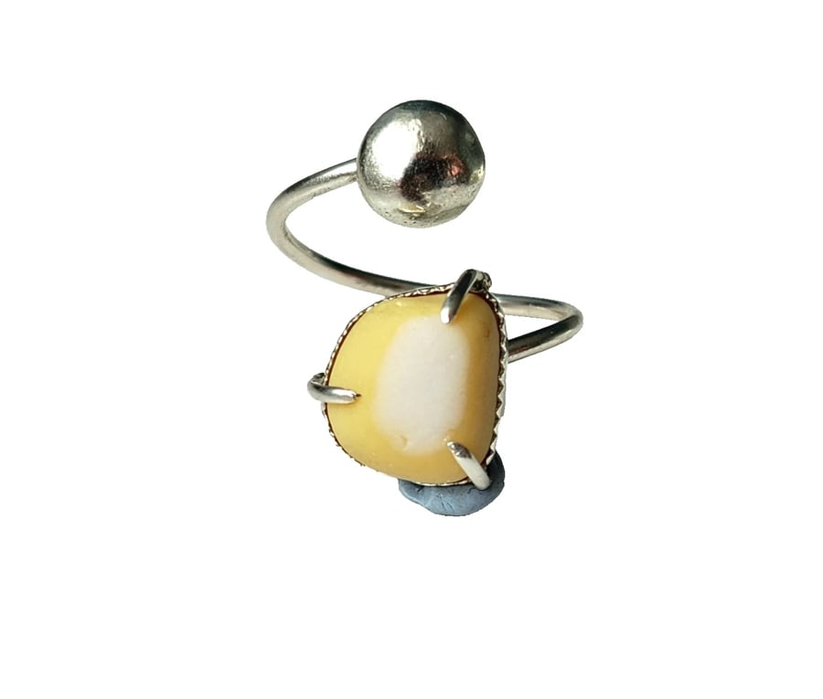 Yellow Milk Seaglass Recycled Sterling Silver Adjustable Ring Jewellery Gift