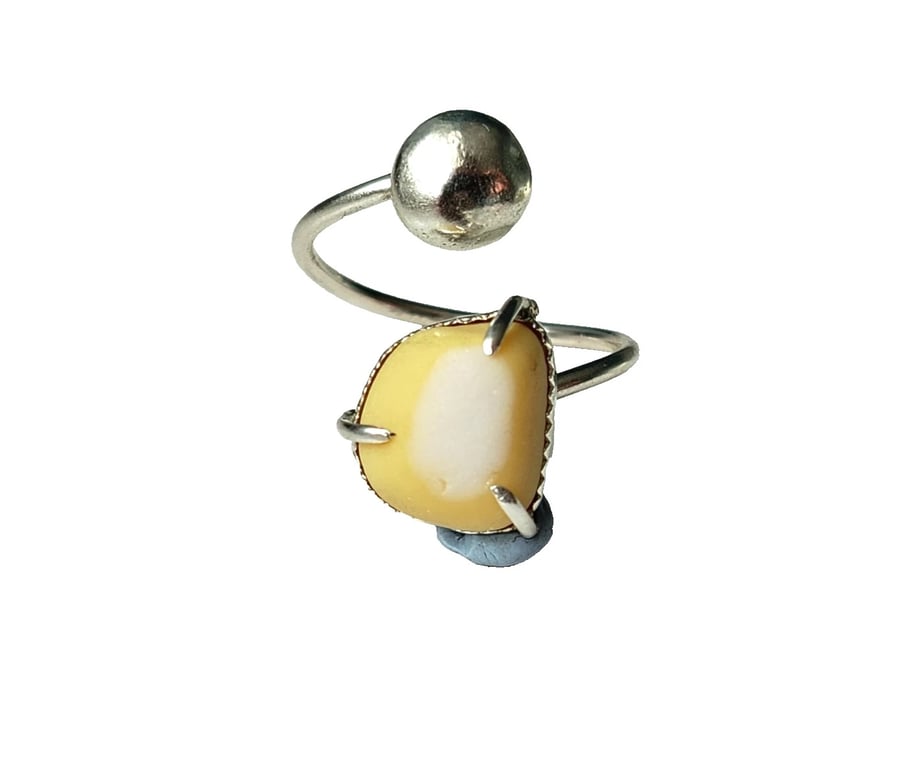 Yellow Milk Seaglass Recycled Sterling Silver Adjustable Ring Jewellery Gift