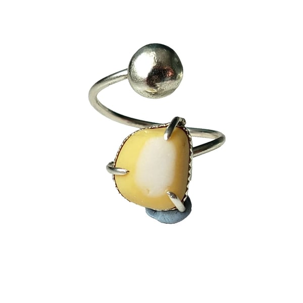 Yellow Milk Seaglass Recycled Sterling Silver Adjustable Ring Jewellery Gift