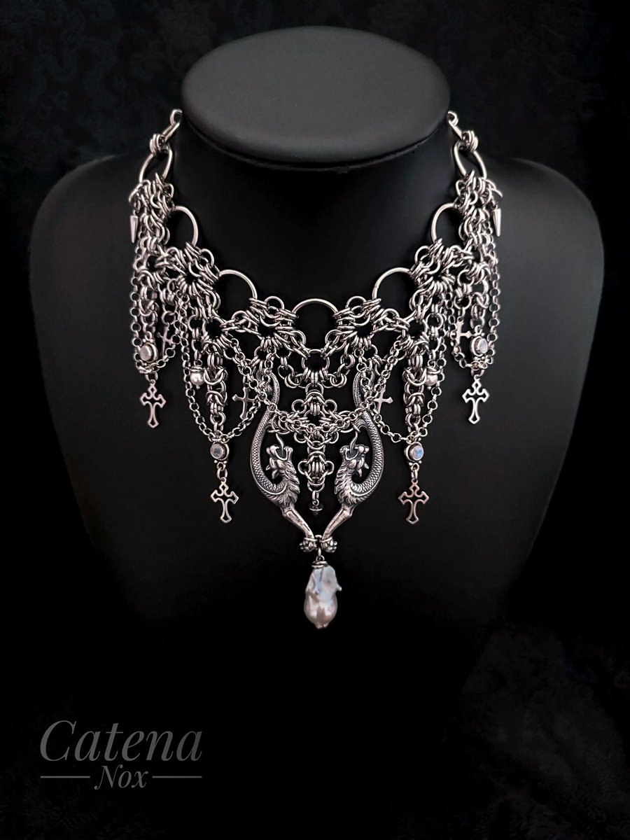 Silver Gargoyles Chainmaile Gothic Necklace - Pearls, Moonstone, Spikes, Cross