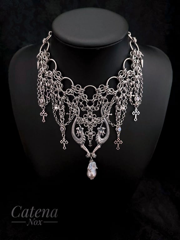 Silver Gargoyles Chainmaile Gothic Necklace - Pearls, Moonstone, Spikes, Cross