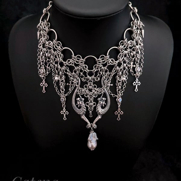 Silver Gargoyles Chainmaile Gothic Necklace - Pearls, Moonstone, Spikes, Cross