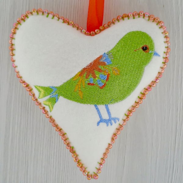 Embroidered Felt Hanging Heart Beaded 12.5cm - Bird