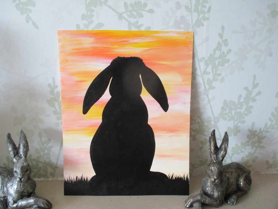 Bunny Rabbit Silhouette Painting Original Art Picture Black Sunset Sky