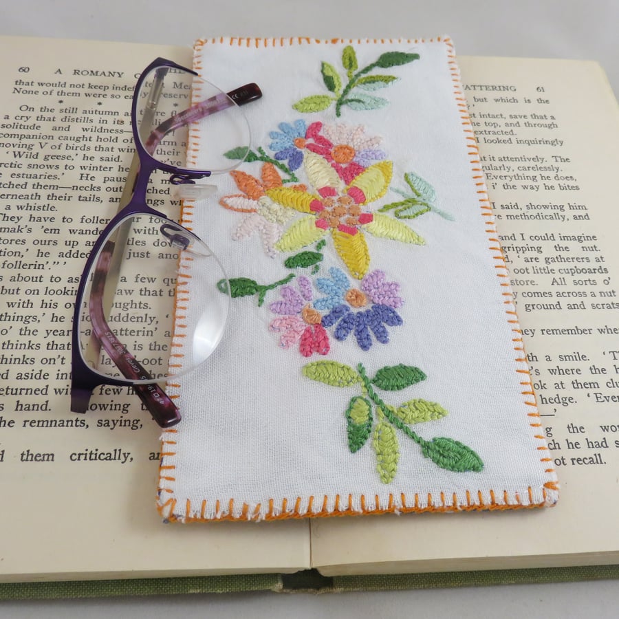 SALE Glasses case from vintage linen multi coloured flowers