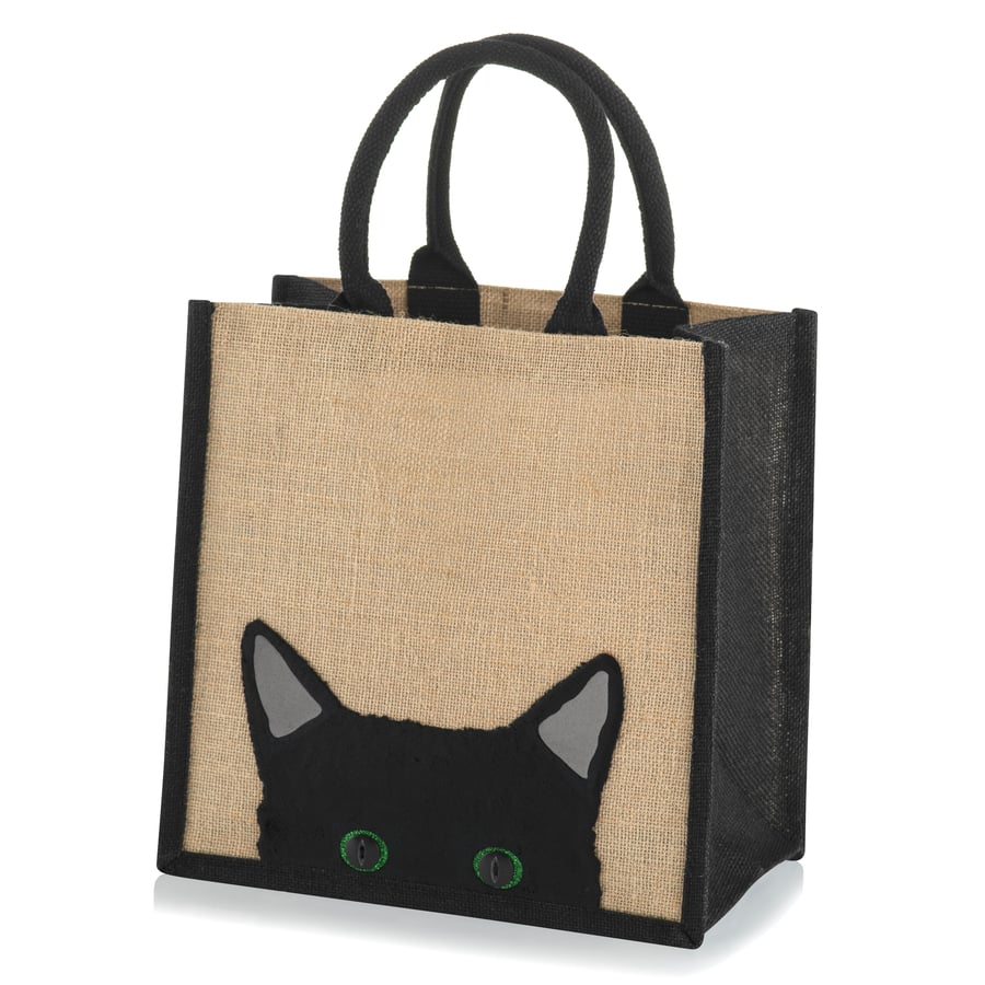 Medium Sized Jute Hessian Tote Shopping Bag Decorated with a Black Peekaboo Cat