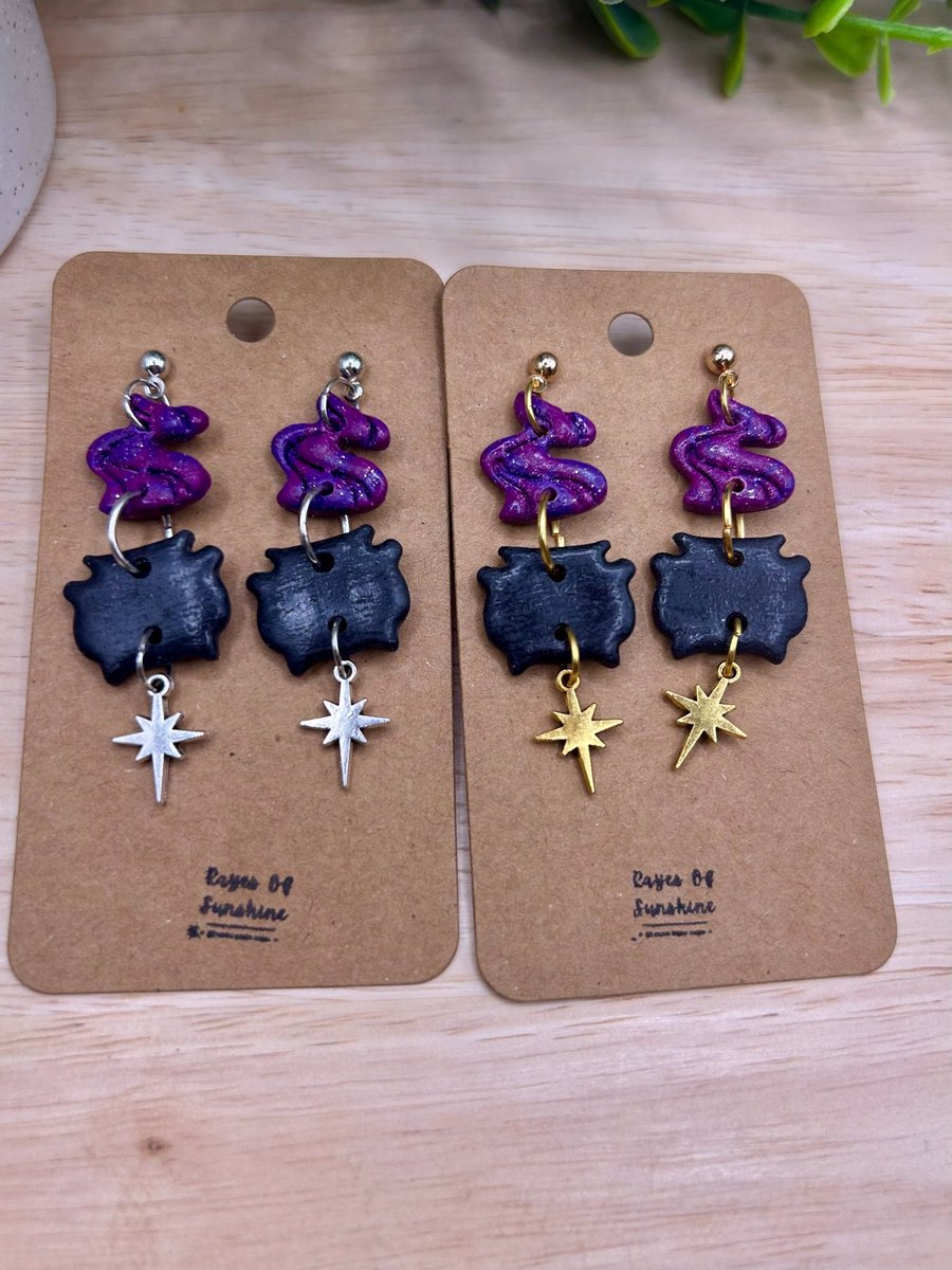 Black and Purple Cauldron Earrings, Handmade Polymer clay Earrings