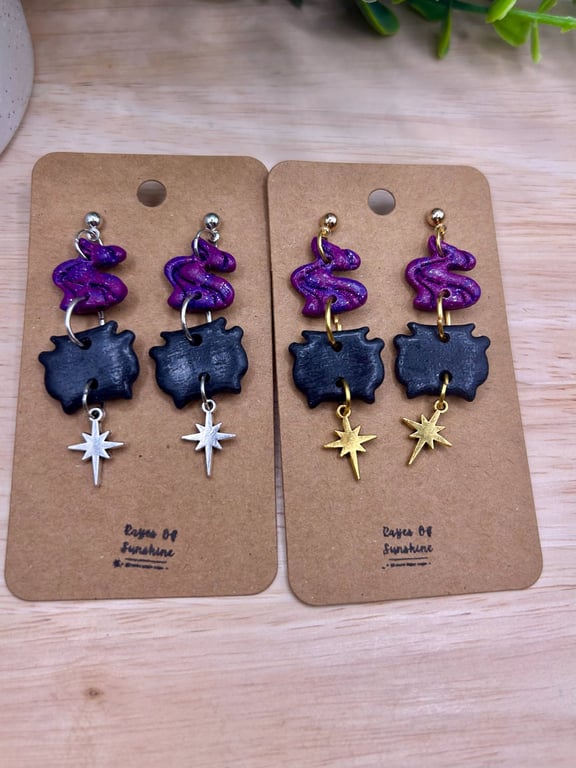 Black and Purple Cauldron Earrings, Handmade Polymer clay Earrings