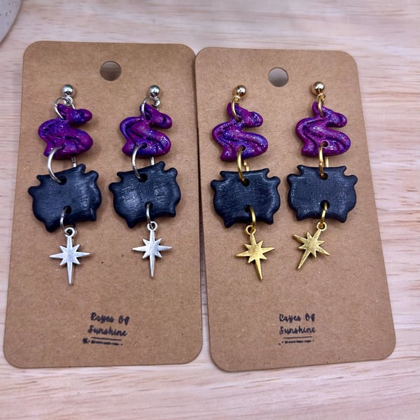 Black and Purple Cauldron Earrings, Handmade Polymer clay Earrings