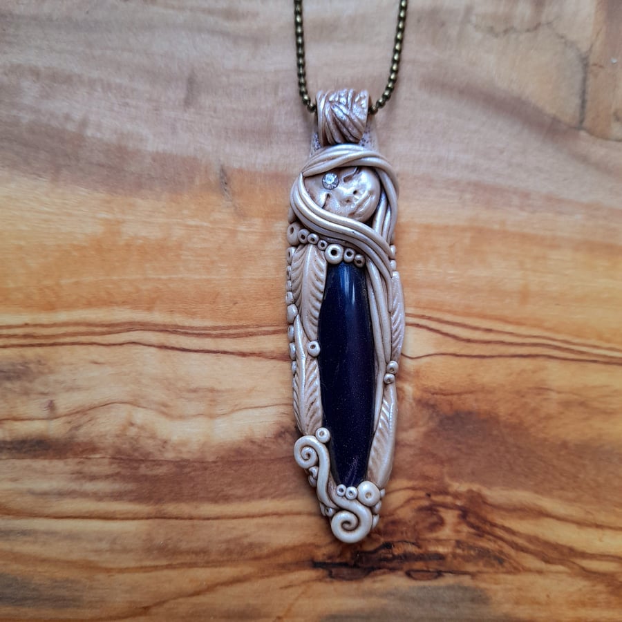 Blue Goldstone Crystal and Polymer Clay Goddess Pendant 