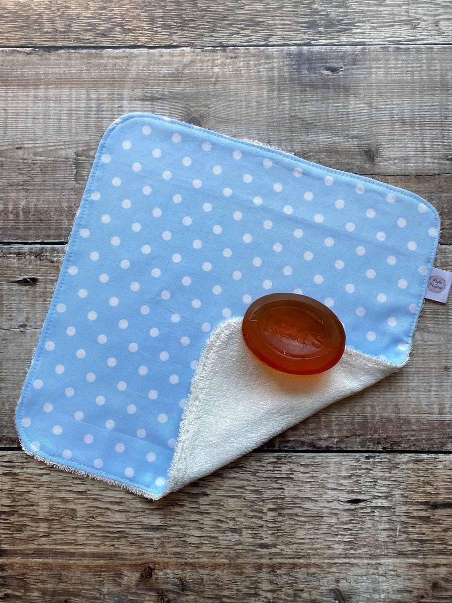 Organic Bamboo Cotton Wash Face Cloth Flannel Pale Blue White Polka Dot Spots