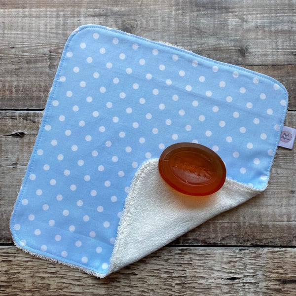 Organic Bamboo Cotton Wash Face Cloth Flannel Pale Blue White Polka Dot Spots
