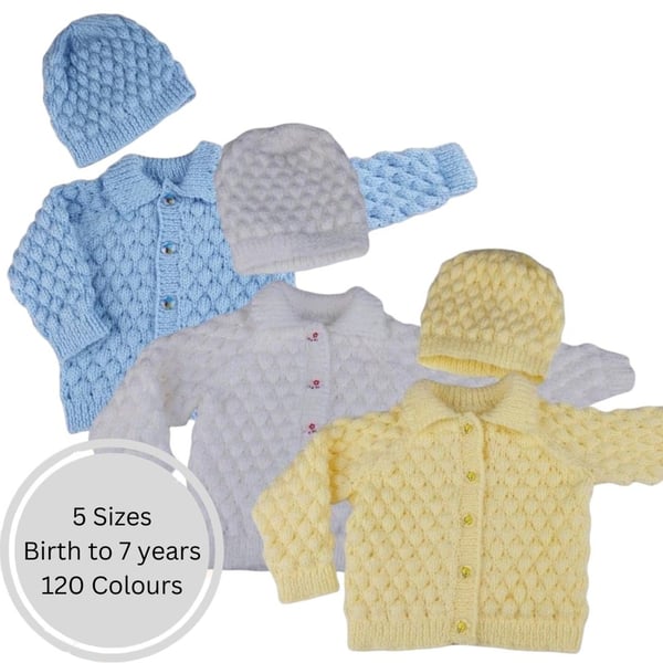 Child's Cardigan and Hat Set, Hand Knitted Baby Outfit, Boys Girls, Birth to 7 