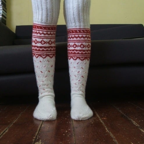 Hand Knit Wool Socks Long Above the Knee Red White Scandinavian Fairisle