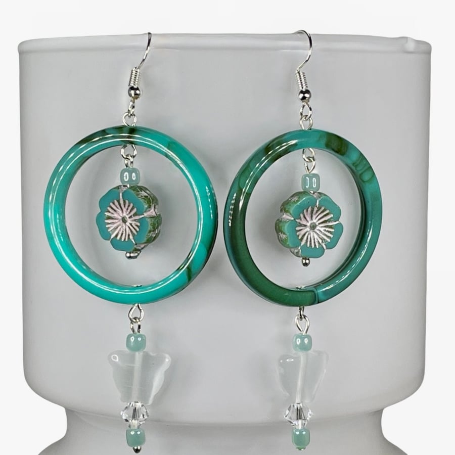 AQUAMARINE HOOP EARRINGS resin Czech glass butterfly Japanese Toho swarovski