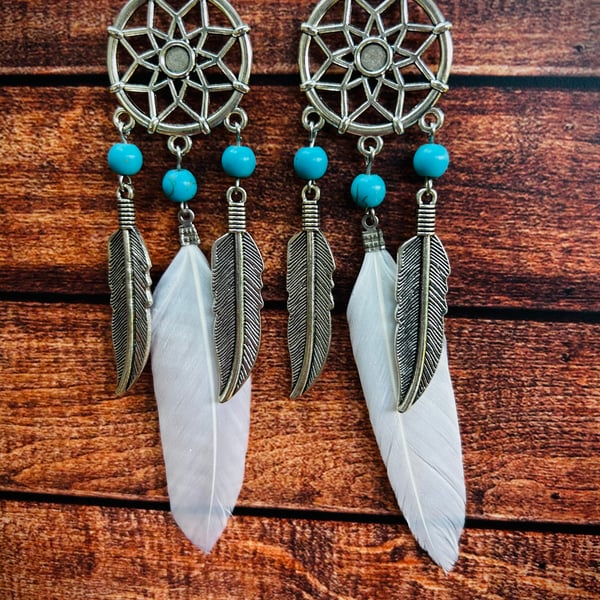 Turquoise Dreamcatcher Feather Earrings
