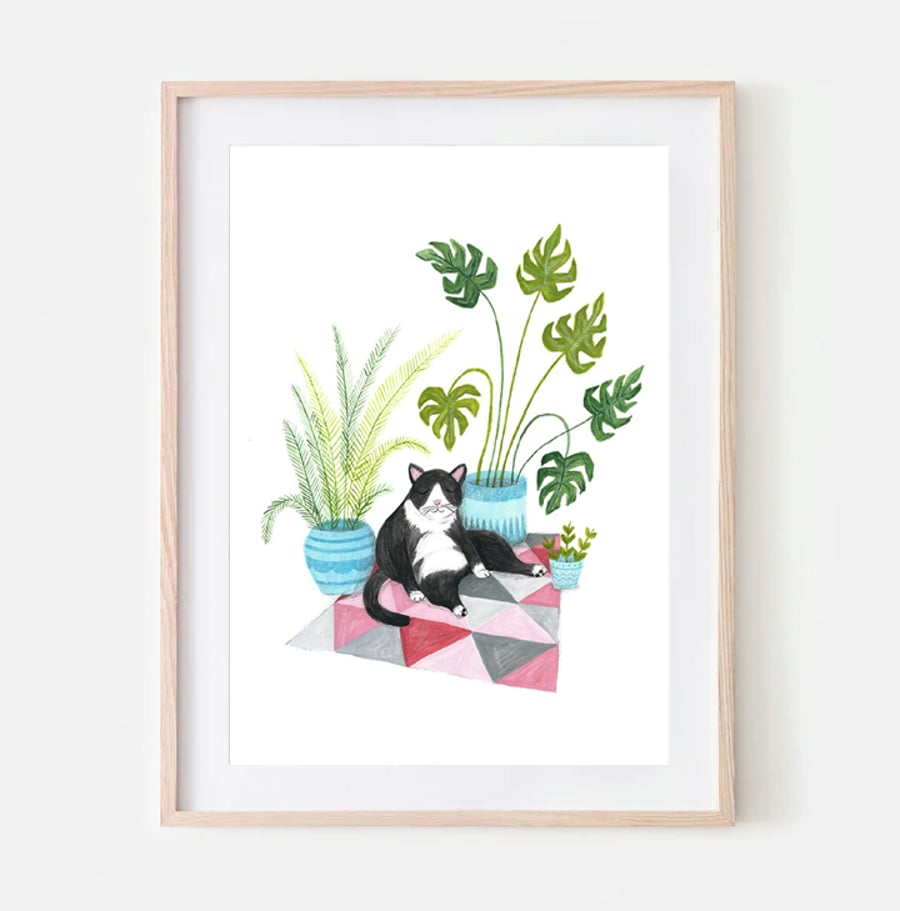 Cat Print - Tuxedo Cat - Cat illustration - Plant lovers - A4 art print